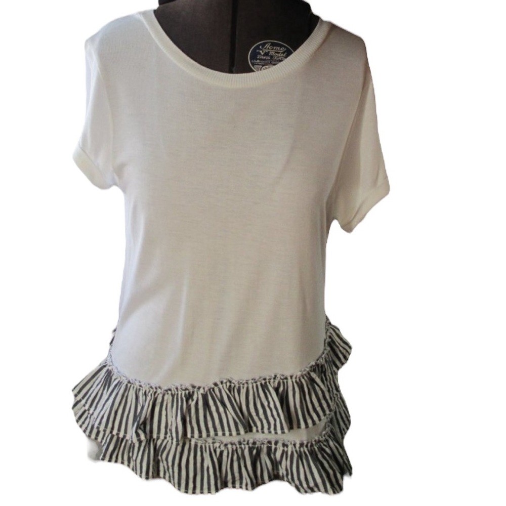 Scripted White Short Sleeve Top with Black and White Striped Tiered Hem  Size S